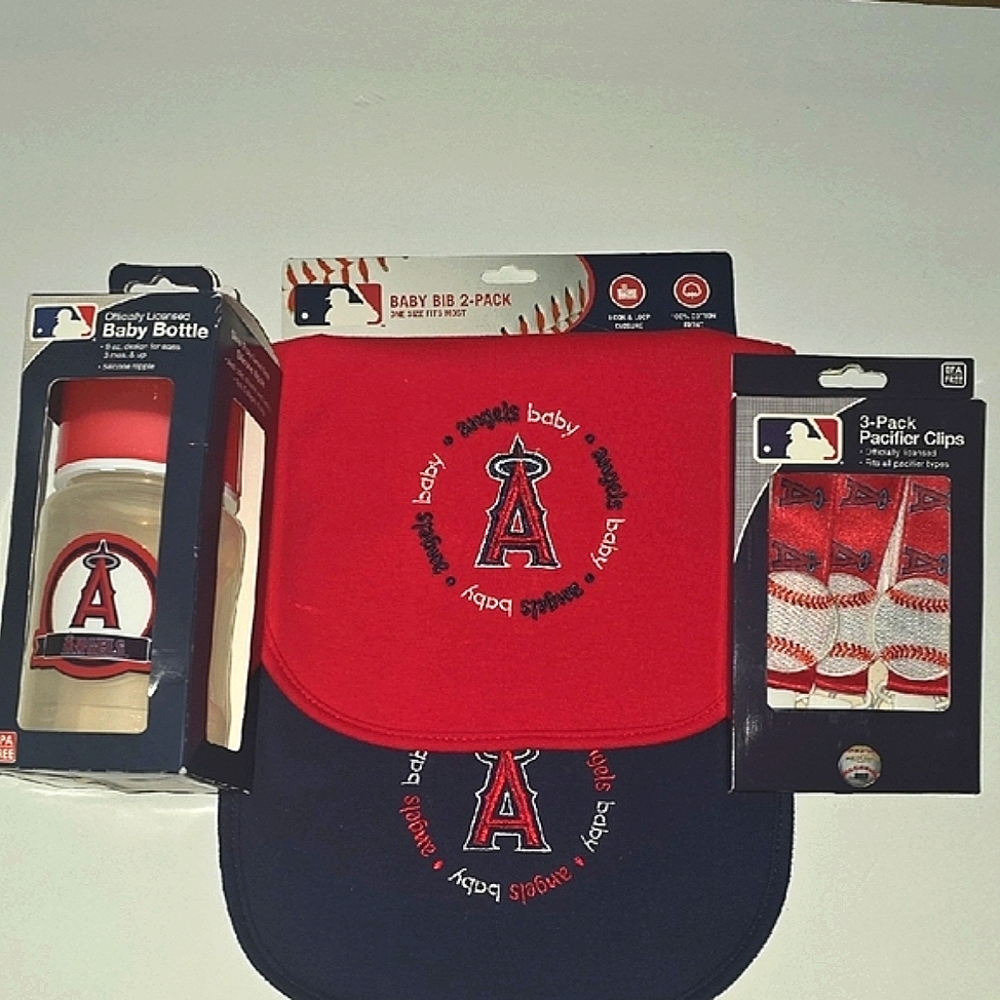 MLB Angels Baby Bib, Bottle, Pacifier Clip 6 Piece Gift Set Red, White & Blue